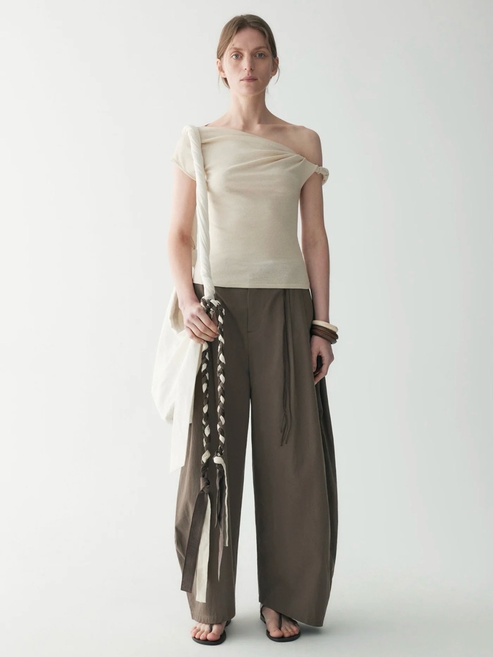 INSIS FEMME Asymmetric One-Shoulder Cream Knit Top - Picture 2 of 13